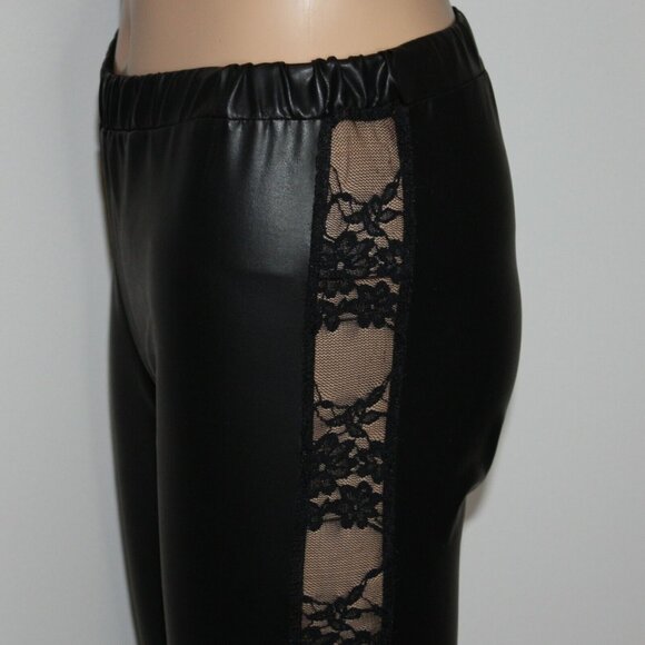 Miss Pinky Women's Faux Leather Black Leggings with Inset Lace Sides size M NWT - Picture 6 of 7